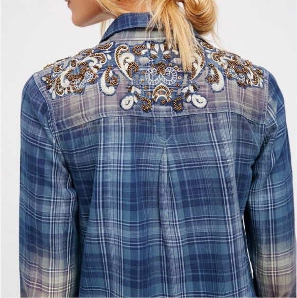 Free People Embellished Blue Plaid Buttondown Tunic Top S - Picture 4 of 16
